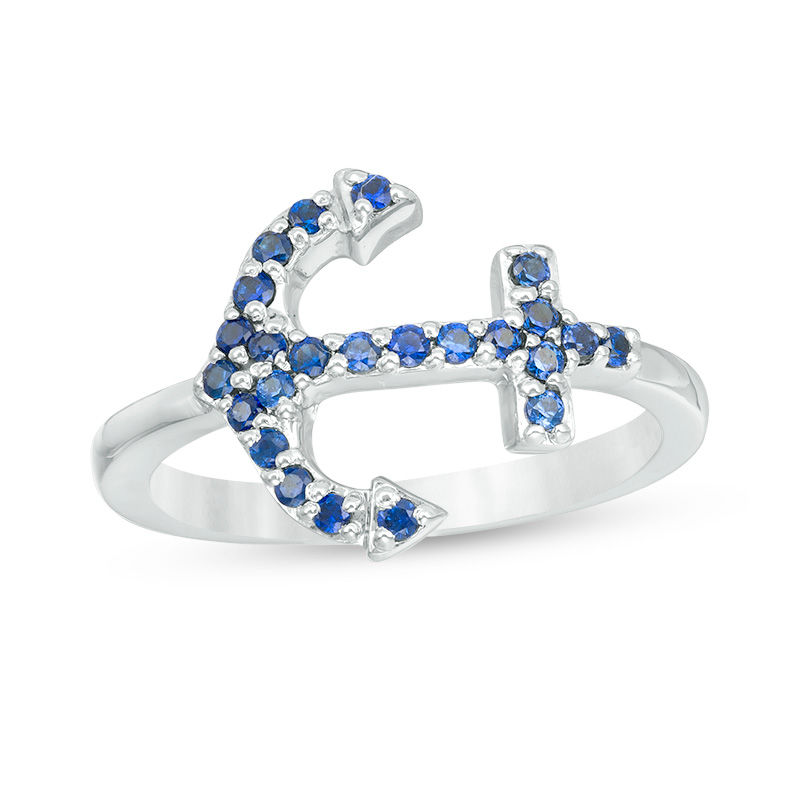 Lab-Created Blue Sapphire Sideways Anchor Ring in Sterling Silver