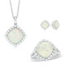Thumbnail Image 0 of Cushion-Cut Lab-Created Opal and White Sapphire Frame Pendant, Earrings and Ring Set in Sterling Silver - Size 7