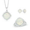 Thumbnail Image 1 of Cushion-Cut Lab-Created Opal and White Sapphire Frame Pendant, Earrings and Ring Set in Sterling Silver - Size 7