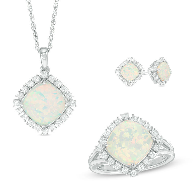 Main Image 1 of Cushion-Cut Lab-Created Opal and White Sapphire Frame Pendant, Earrings and Ring Set in Sterling Silver - Size 7