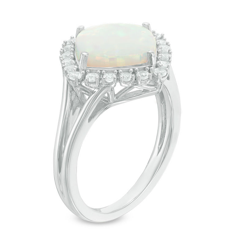 Main Image 2 of Cushion-Cut Lab-Created Opal and White Sapphire Frame Pendant, Earrings and Ring Set in Sterling Silver - Size 7