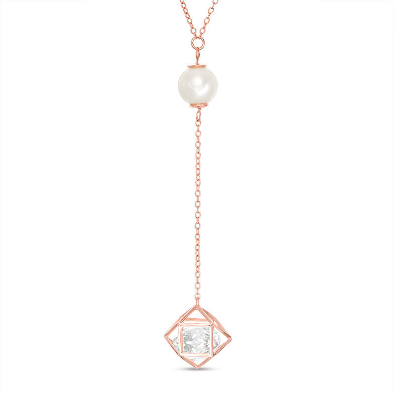 Cultured Freshwater Pearl and Lab-Created White Sapphire Cage "Y" Necklace in Sterling Silver with 18K Rose Gold Plate