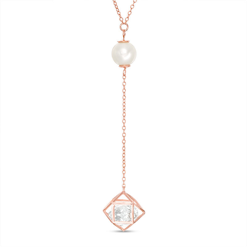 Main Image 1 of Freshwater Cultured Pearl and Lab-Created White Sapphire Cage "Y" Necklace in Sterling Silver with 18K Rose Gold Plate