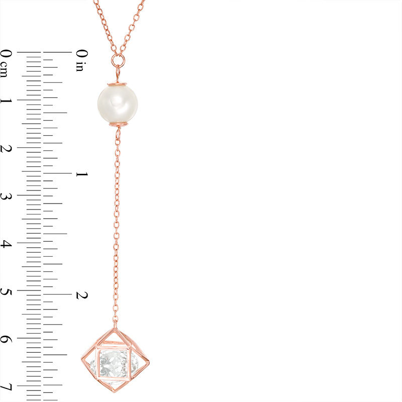 Main Image 2 of Freshwater Cultured Pearl and Lab-Created White Sapphire Cage "Y" Necklace in Sterling Silver with 18K Rose Gold Plate