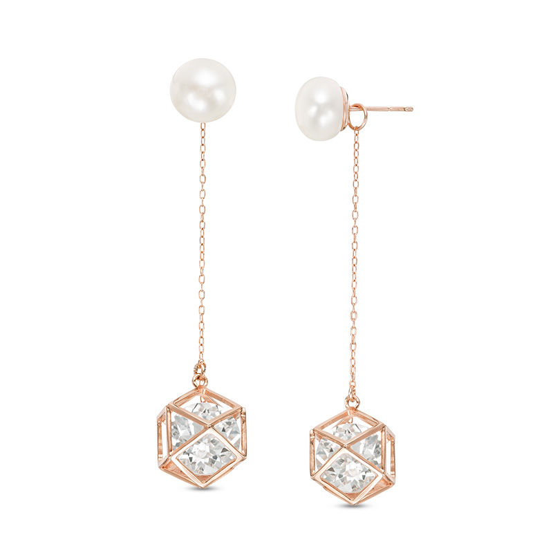 Cultured Freshwater Pearl and Lab-Created White Sapphire Front/Back Earrings in Sterling Silver with 18K Rose Gold Plate