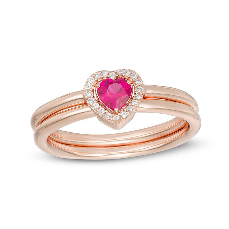 Heart-Shaped Lab-Created Ruby and White Sapphire Three Way Ring in Sterling Silver with 14K Rose Gold Plate