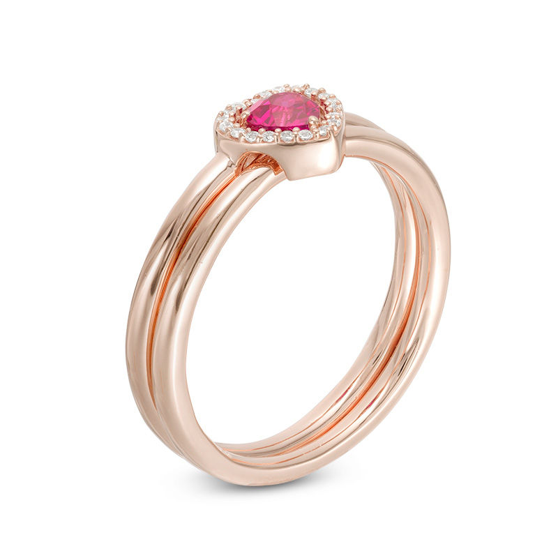 Heart-Shaped Lab-Created Ruby and White Sapphire Three Way Ring in Sterling Silver with 14K Rose Gold Plate