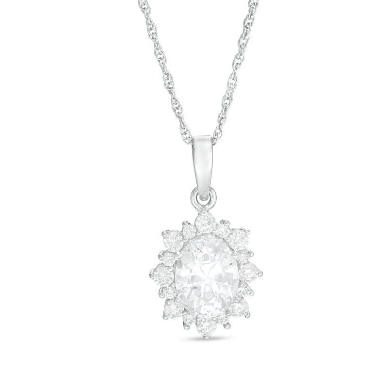 Main Image 1 of Oval Lab-Created White Sapphire Starburst Frame Pendant in Sterling Silver