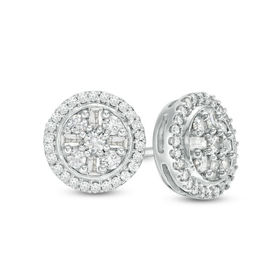 1/3 CT. T.W. Baguette and Round Composite Diamond Frame Stud Earrings in 10K White G 1/3 CT. T.W. Baguette and Round Composite Diamond Frame Stud Earrings in 10K White Gold