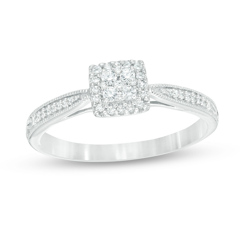Main Image 1 of 1/5 CT. T.W. Princess Multi-Diamond Frame Pinched Shank Vintage-Style Promise Ring in 10K White Gold