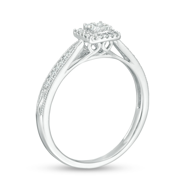 Main Image 2 of 1/5 CT. T.W. Princess Multi-Diamond Frame Pinched Shank Vintage-Style Promise Ring in 10K White Gold