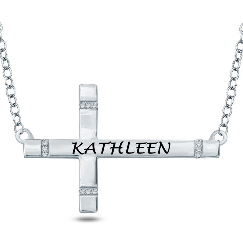 Main Image 1 of Diamond Accent Sideways Cross Necklace in Sterling Silver (1 Name)