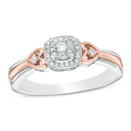 1/10 CT. T.W. Diamond Cushion Frame Heart-Sides Promise Ring in Sterling Silver and 10K Rose Gold