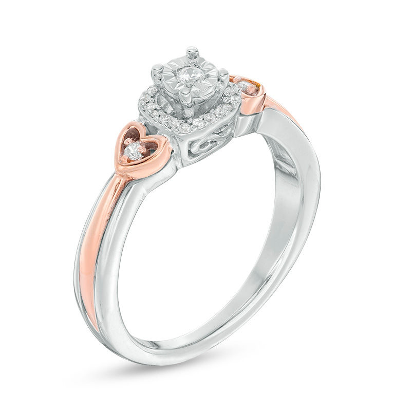 Main Image 2 of 1/10 CT. T.W. Diamond Cushion Frame Heart-Sides Promise Ring in Sterling Silver and 10K Rose Gold