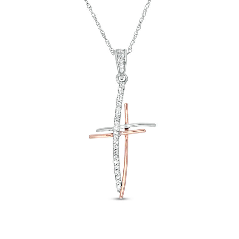 Main Image 1 of 1/15 CT. T.W. Diamond Abstract Cross Pendant in 10K Two-Tone Gold