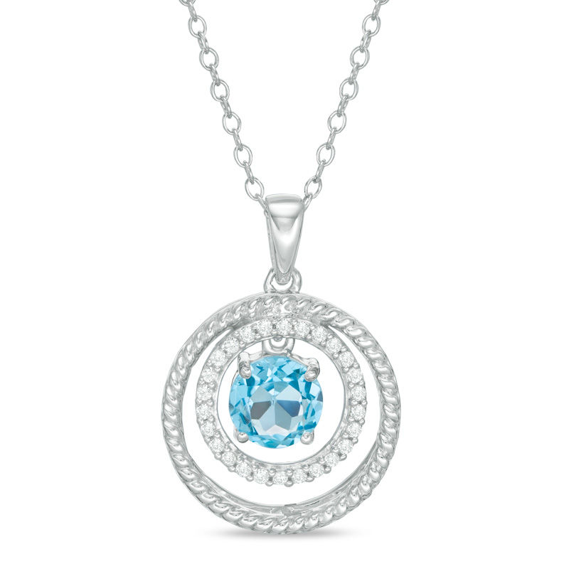 Main Image 1 of 6.0mm Swiss Blue Topaz and Lab-Created White Sapphire Pendant in Sterling Silver