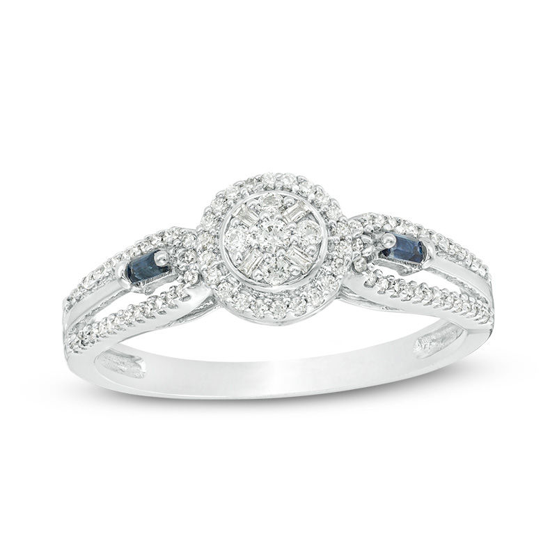 1/5 CT. T.W. Composite Diamond Frame with Blue Sapphire Sides Promise Ring in 10K White Gold