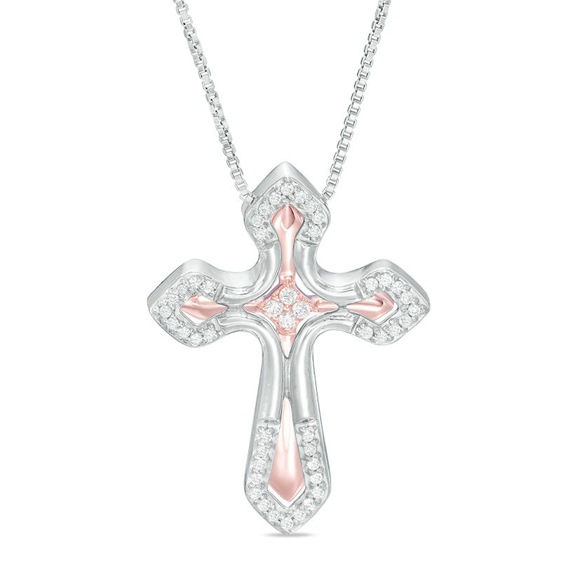 Convertibilities 1/6 CT. T.W. Diamond Gothic-Style Cross Three-in-One Pendant in Sterling Silver and 10K Rose Gold