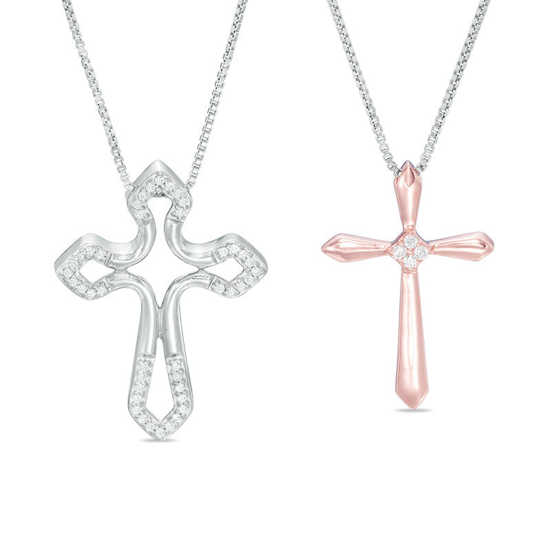 Convertibilities 1/6 CT. T.W. Diamond Gothic-Style Cross Three-in-One Pendant in Sterling Silver and 10K Rose Gold