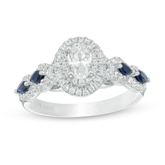 Vera Wang Love Collection 1 CT. T.W. Oval Diamond and Blue Sapphire Frame Engagement Ring in 14K White Gold Zales Outlet