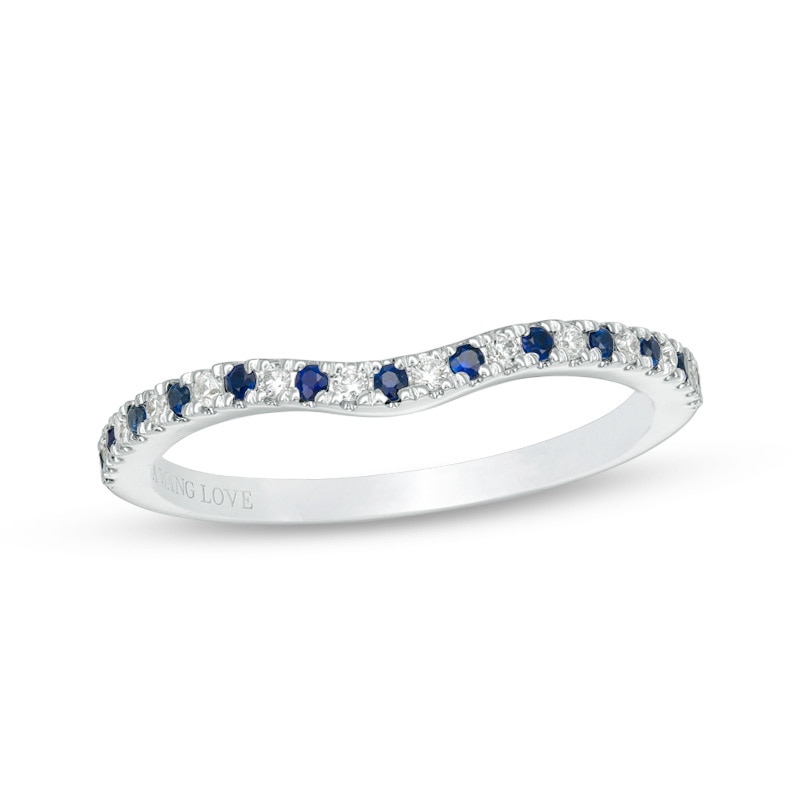 Vera Wang Love Collection Blue Sapphire and 1/15 Ct. T.W. Diamond Contour Wedding Band in 14K White Gold