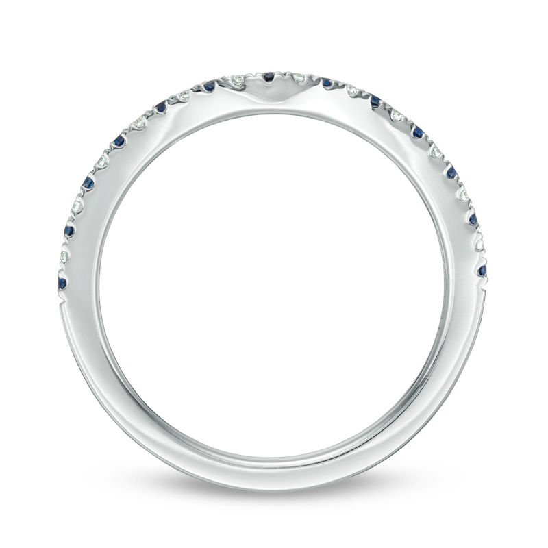 Main Image 3 of Vera Wang Love Collection Blue Sapphire and 1/15 CT. T.W. Diamond Contour Wedding Band in 14K White Gold