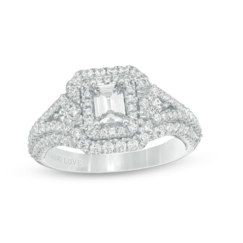Vera Wang Love Collection 1-1/3 CT. T.W. Emerald-Cut Diamond Frame Arrow-Sides Engagement Ring in 14K White Gold