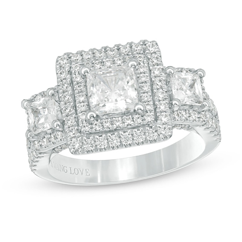 Vera Wang Love Collection 2-1/2 CT. T.W. Princess-Cut Diamond Three Stone Frame Engagement Ring in 14K White Gold