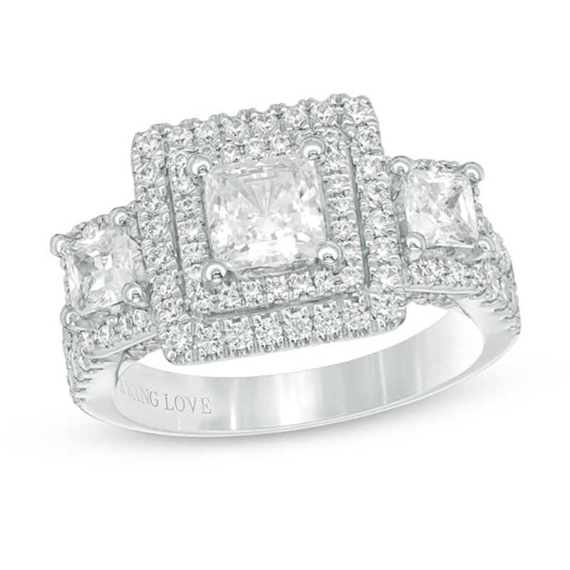 Main Image 1 of Vera Wang Love Collection 2-1/2 CT. T.W. Princess-Cut Diamond Three Stone Frame Engagement Ring in 14K White Gold
