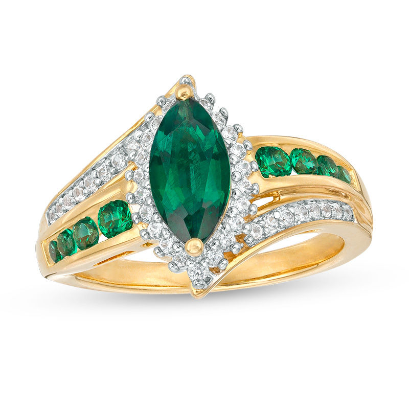 Main Image 1 of Marquise Lab-Created Emerald and White Sapphire Frame Bypass Ring in Sterling Silver with 14K Gold Plate