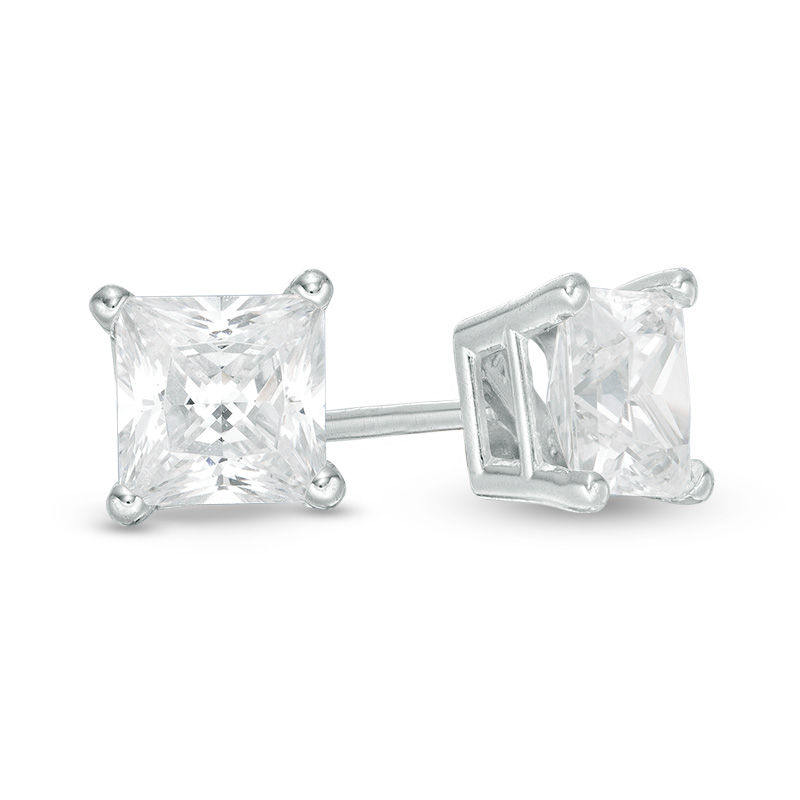 1ct Princess Cut Stud Earrings in Solid 14k Real White Gold Screw Back