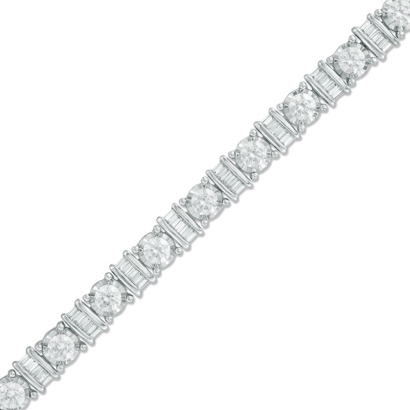 Main Image 1 of 3 CT. T.W. Baguette and Round Diamond Alternating Bracelet in 10K White Gold - 7.5"