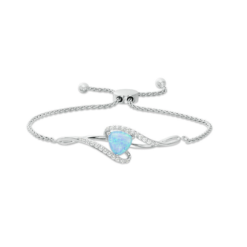 8.0mm Trillion-Cut Lab-Created Blue Opal and White Sapphire Swirl Bypass Bolo Bracelet in Sterling Silver - 9.7"