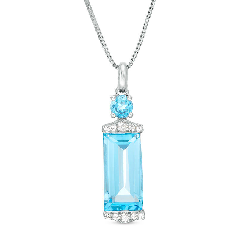 Main Image 1 of Baguette London and Swiss Blue Topaz with Lab-Created White Sapphire Border Pendant in Sterling Silver