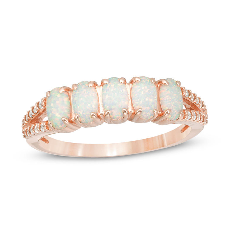 Main Image 1 of Oval Lab-Created Opal and White Sapphire Five Stone Ring in Sterling Silver with 18K Rose Gold Plate