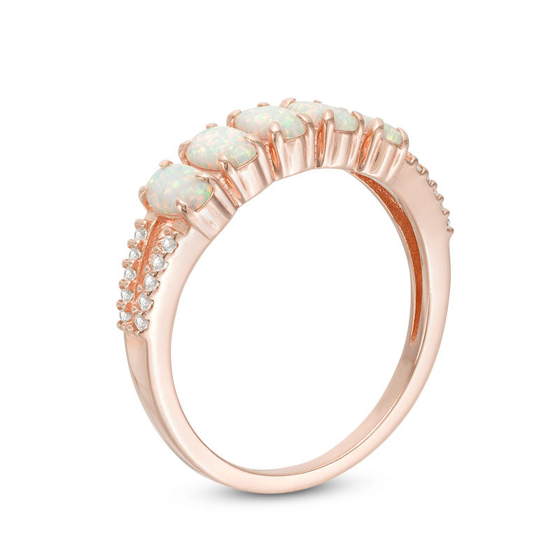 Main Image 2 of Oval Lab-Created Opal and White Sapphire Five Stone Ring in Sterling Silver with 18K Rose Gold Plate