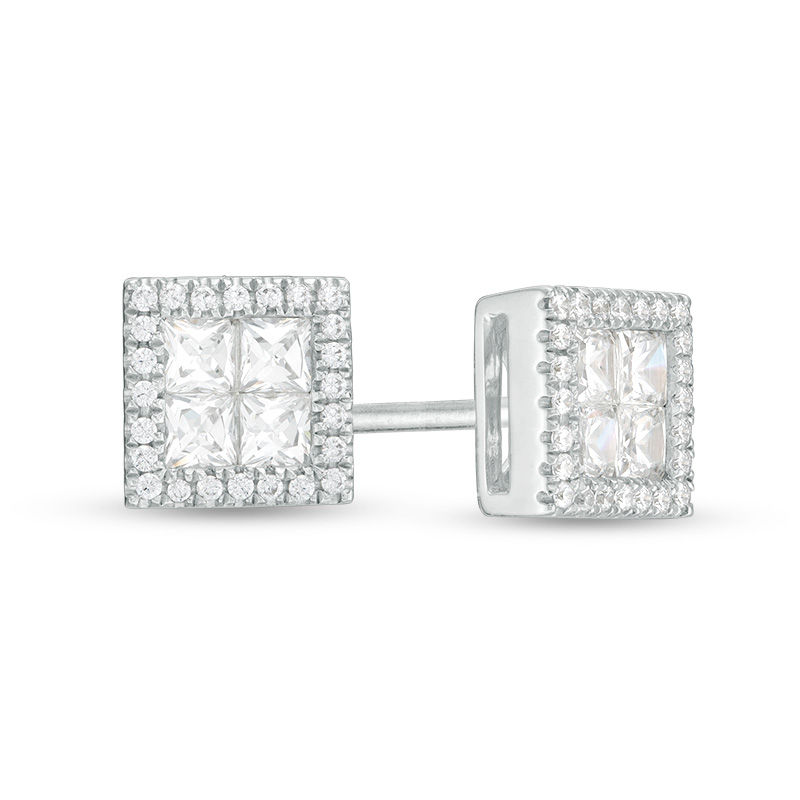 Main Image 1 of 1/2 CT. T.W. Quad Princess-Cut Diamond Frame Stud Earrings in 10K White Gold