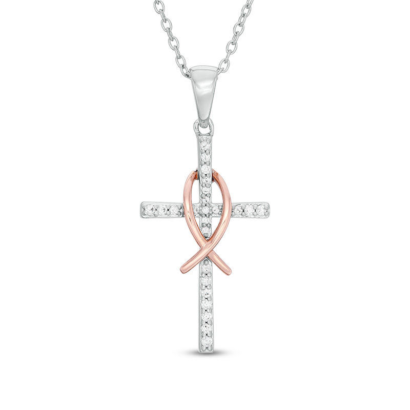 Main Image 1 of 1/8 CT. T.W. Diamond Cross with Ichthus Pendant in Sterling Silver and 10K Rose Gold