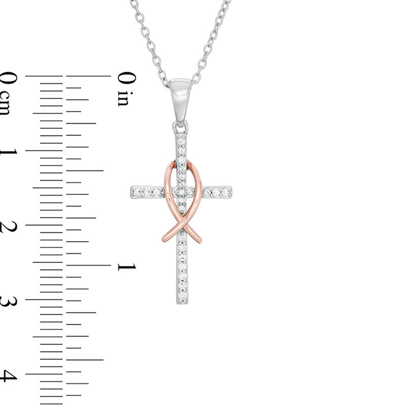 Main Image 2 of 1/8 CT. T.W. Diamond Cross with Ichthus Pendant in Sterling Silver and 10K Rose Gold