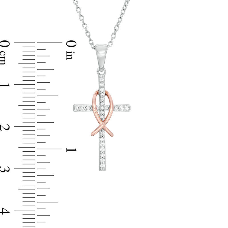 1/8 CT. T.W. Diamond Cross with Ichthus Pendant in Sterling Silver and 10K Rose Gold