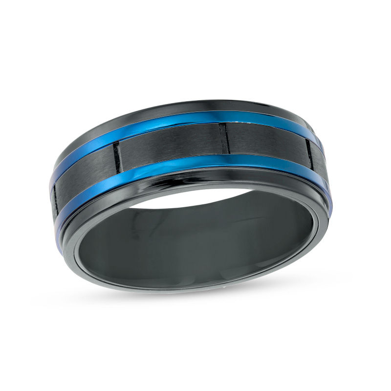 Men's 8.0mm Brick Pattern Wedding Band in Blue and Black IP Stainless Steel