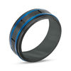 Thumbnail Image 1 of Men's 8.0mm Brick Pattern Wedding Band in Blue and Black IP Stainless Steel