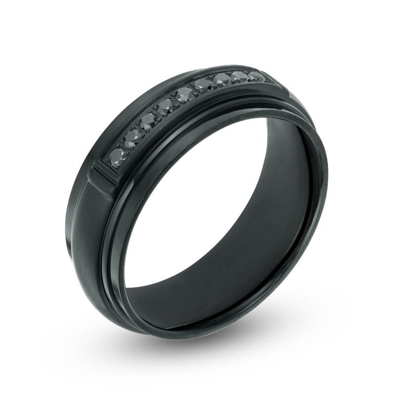 Main Image 2 of 1/6 CT. T.W Black Diamond Channel Wedding Band in Black IP Stainless Steel