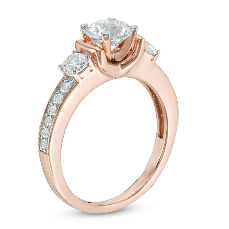 Lab-Created White Sapphire Three Stone Collar Engagement Ring in Sterling Silver with 14K Rose Gold Plate