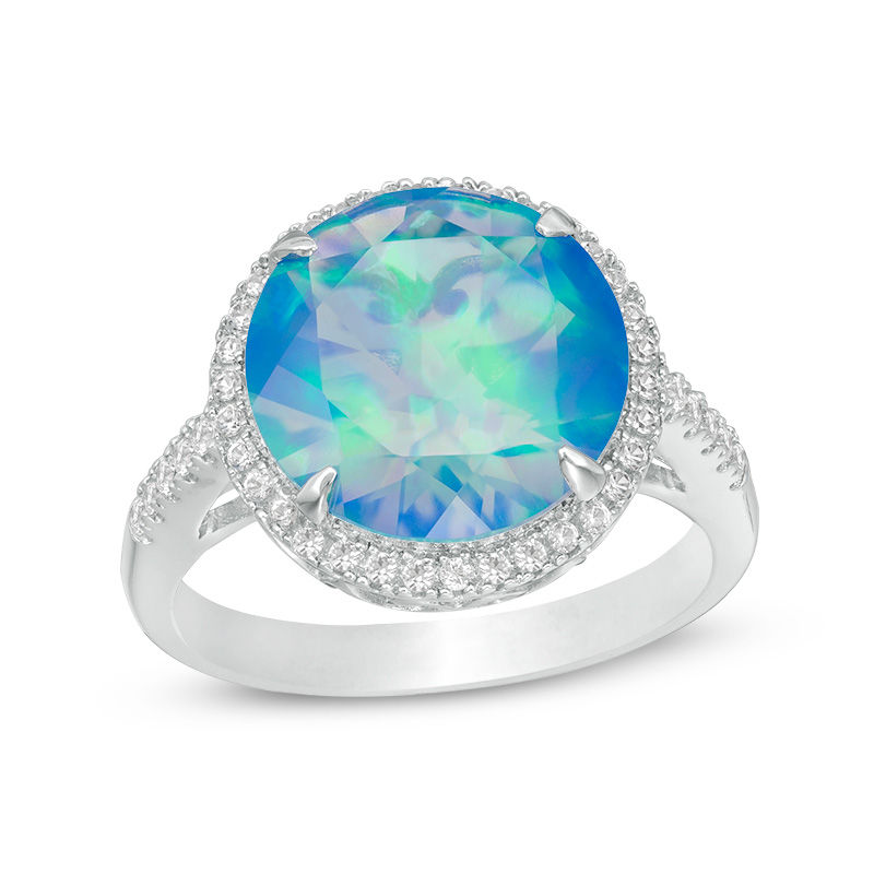 12.0mm Lab-Created Blue Opal and White Sapphire Frame Ring in Sterling Silver