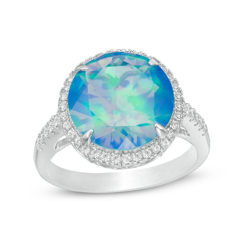 Main Image 1 of 12.0mm Lab-Created Blue Opal and White Sapphire Frame Ring in Sterling Silver