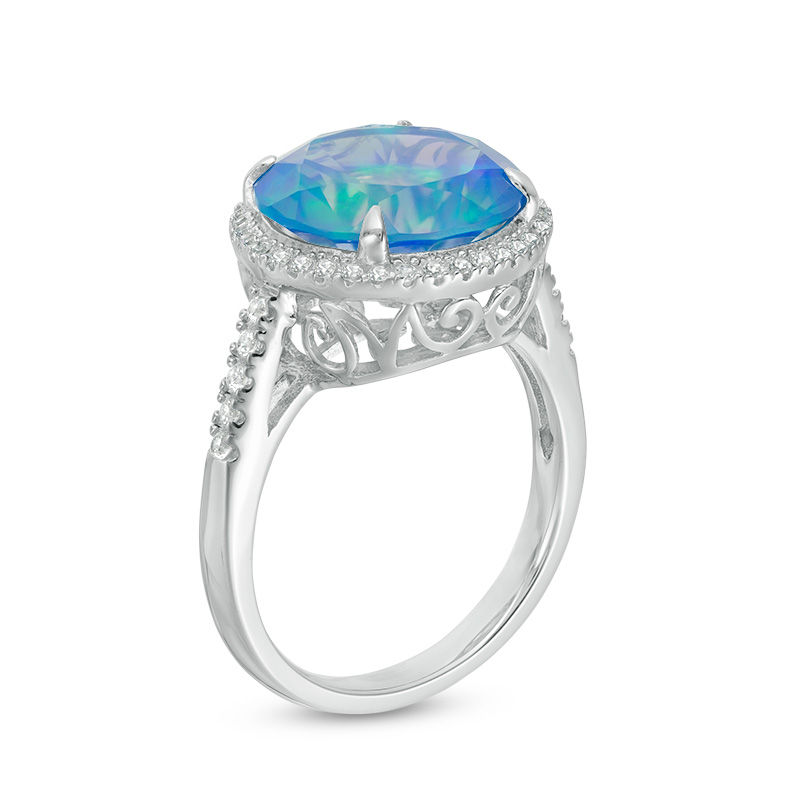 12.0mm Lab-Created Blue Opal and White Sapphire Frame Ring in Sterling Silver