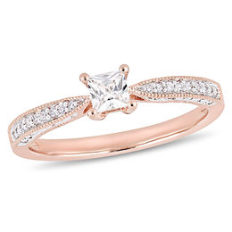 Princess-Cut Lab-Created White Sapphire and 1/20 CT. T.W. Diamond Promise Ring in Sterling Silver with Rose Rhodium
