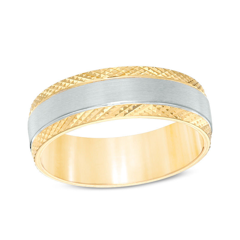 Main Image 1 of 7.0mm Comfort-Fit Diamond-Cut Edge Satin Center Wedding Band in 10K Two-Tone Gold - Size 10