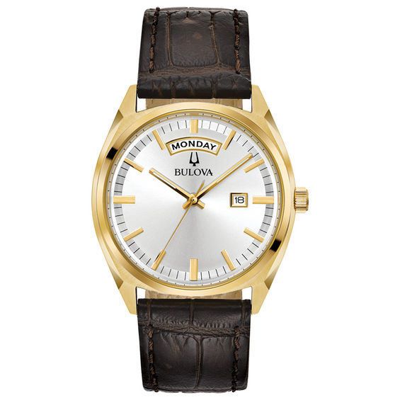 Men's Bulova Classic Gold Tone Strap Watch With Silver Tone Dial (model: 97c106)